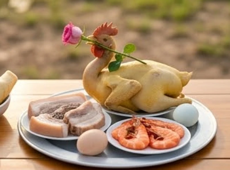 Bộ tam sên và gà trống luộc ngậm hoa hồng được bày biện trang nghiêm trên mâm lễ mặn cúng khởi công
