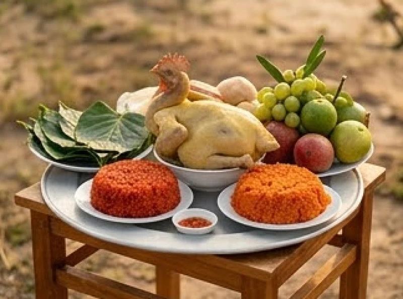 Mâm cúng động thổ đầy đủ gà luộc, xôi gấc, trầu cau và bộ quan phục Thổ Công
