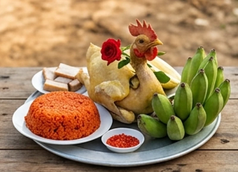 Mâm lễ mặn miền Bắc nổi bật với đĩa xôi gấc đỏ tươi, gà trống luộc ngậm hoa hồng và nải chuối xanh đẹp mắt
