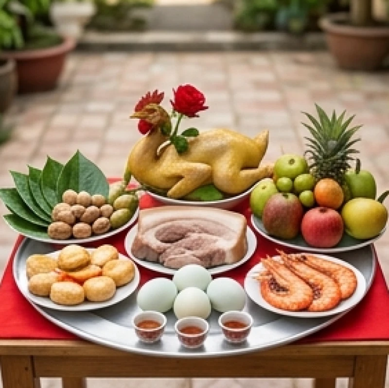 Văn khấn mượn tuổi làm nhà: Trình tự bài bản và mẫu giấy tờ 5 Mâm lễ vật cúng động thổ gồm gà trống luộc nguyên con, bộ tam sên và mâm ngũ quả tươi tắn