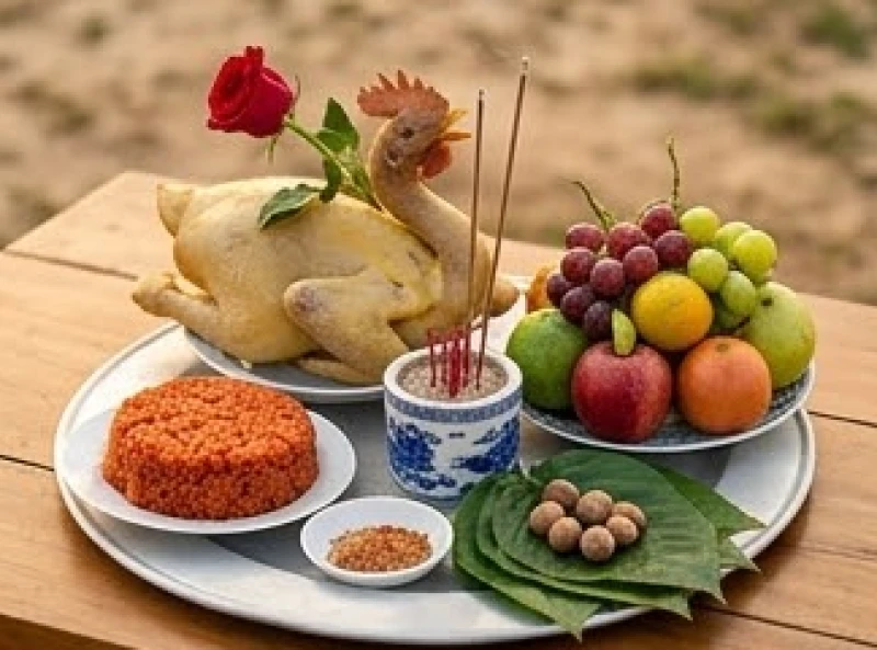 Mâm lễ mặn cúng động thổ được bày trí tươm tất với gà luộc, xôi gấc, mâm ngũ quả và trầu cau