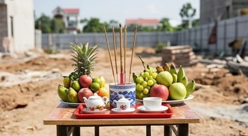 Mâm cúng động thổ xây nhà được đặt ngoài trời với hương đăng trà quả và giấy tiền vàng mã ngay ngắn