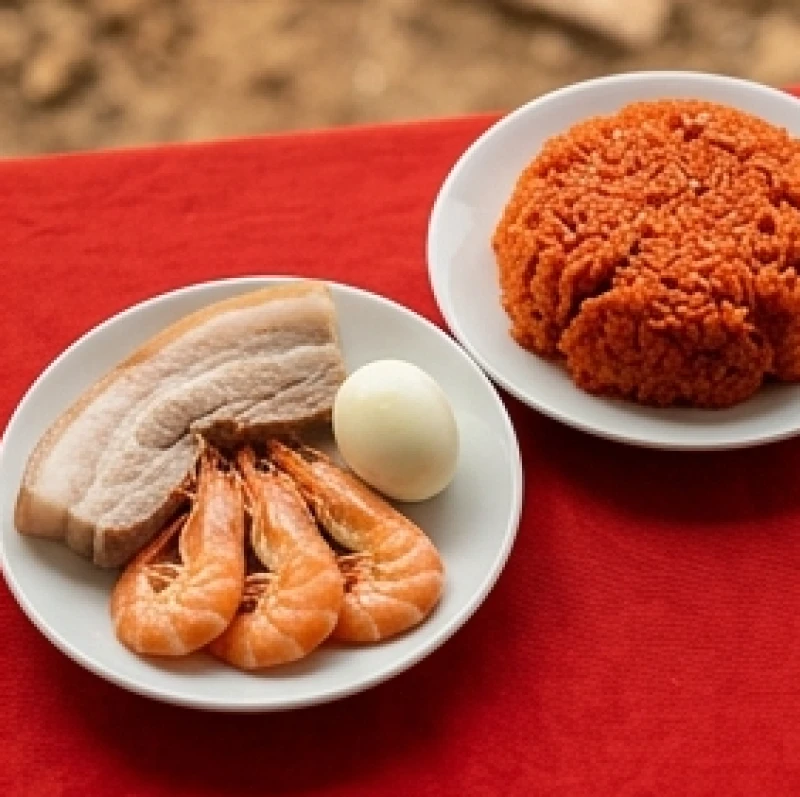 Bộ tam sên gồm thịt luộc, tôm và trứng cùng với xôi gấc được bày biện đẹp mắt.