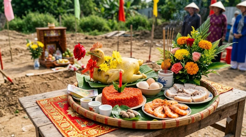 Mâm lễ cúng động thổ được bày biện tươm tất với bộ tam sên, xôi gấc, gà luộc và hoa tươi