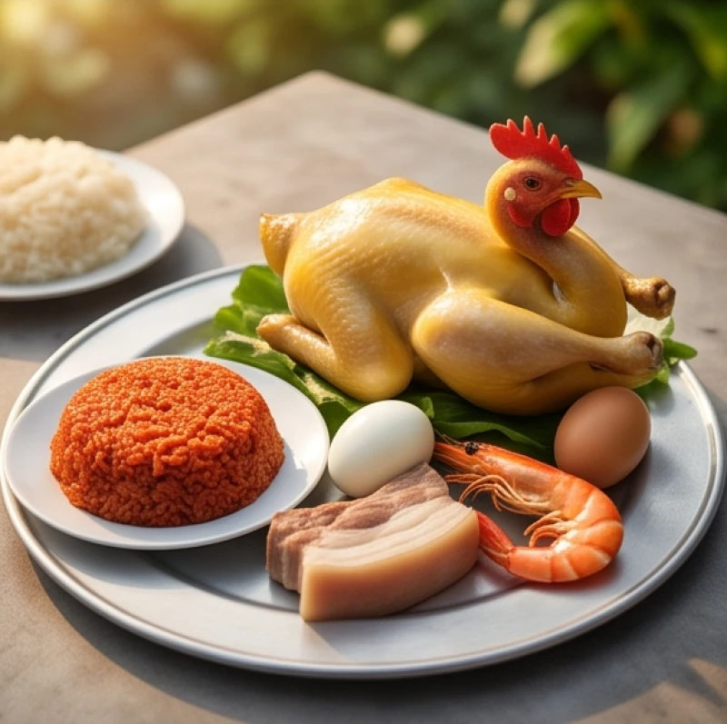 Mâm cúng động thổ đầy đủ lễ vật với gà luộc, bộ tam sên và mâm ngũ quả