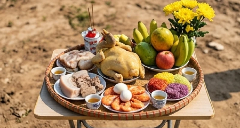 Mâm lễ cúng Thần linh Thổ địa gồm gà luộc, bộ tam sên, ngũ quả, hoa cúc, xôi và trà rượu