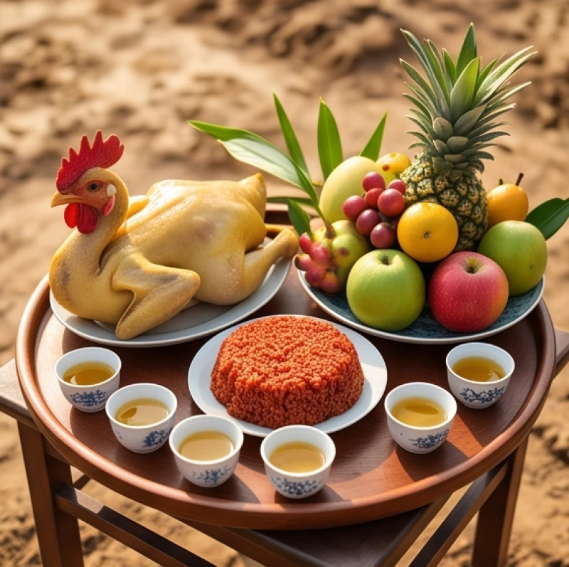 Mâm lễ cúng thổ thần gồm xôi gấc, gà luộc, bộ tam sên, hoa tươi và ngũ quả bày biện đẹp mắt