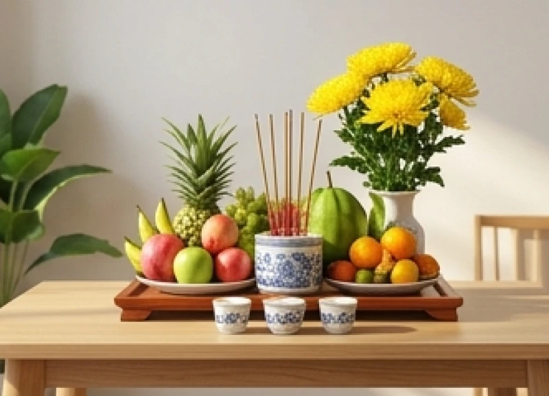 Mâm cúng động thổ được chuẩn bị tươm tất với hoa quả tươi trang trọng để tiến hành nghi thức mượn tuổi