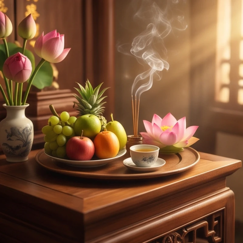 Mơ thấy anh trai đã mất: Điềm báo tâm linh & hướng dẫn cầu an 4 Mâm cúng giản dị với hương hoa và trà mạn trên bàn thờ gia tiên, thể hiện sự kết nối tâm linh giữa anh em ruột thịt