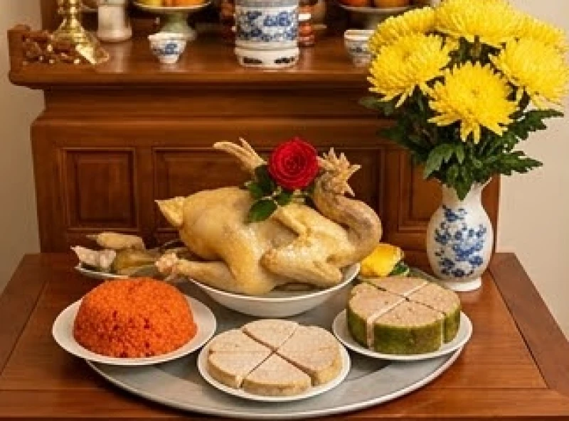Mâm cỗ mặn truyền thống dâng lên bàn thờ tổ tiên gồm gà luộc chéo cánh, xôi gấc và hoa cúc vàng