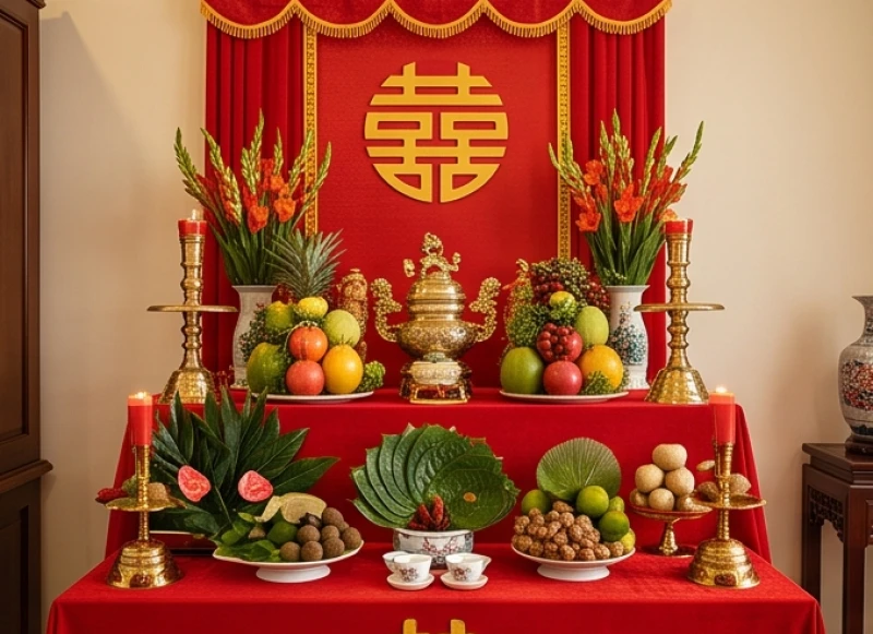 Văn khấn báo cáo gia tiên khi cưới hỏi: Bài cúng & trình tự 3 miền 1 Bàn thờ gia tiên ngày cưới được trang hoàng lộng lẫy với phông nền đỏ, chữ Hỷ vàng và mâm ngũ quả