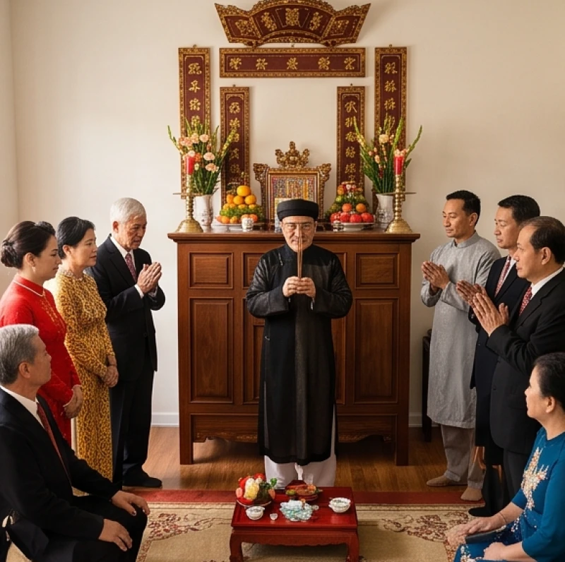 Văn khấn lễ cưới hỏi: Mẫu chuẩn từng nghi lễ và cách hành lễ 1 Người lớn tuổi đại diện gia đình chắp tay thành kính dâng hương trước bàn thờ gia tiên trong ngày cưới