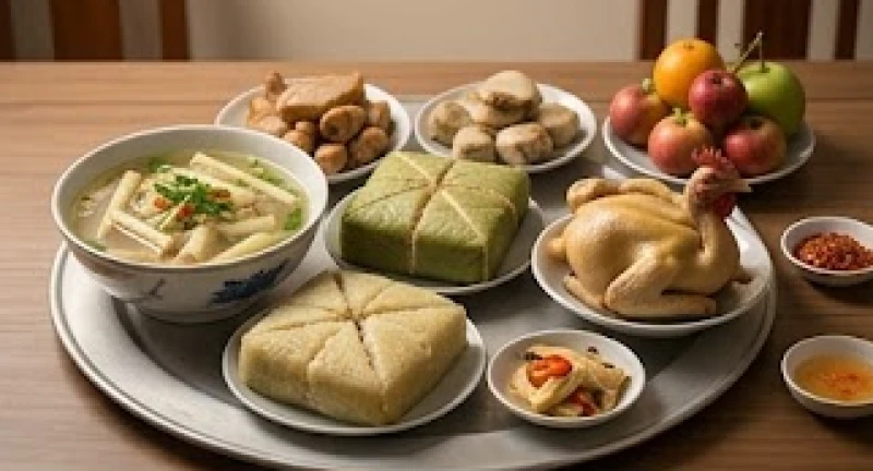 Văn khấn gia tiên đêm giao thừa: Bản chuẩn cổ truyền & rút gọn 2 Mâm cúng gia tiên đầy đặn với xôi gấc, gà luộc, canh măng bóng thả và đĩa ngũ quả tươi tắn