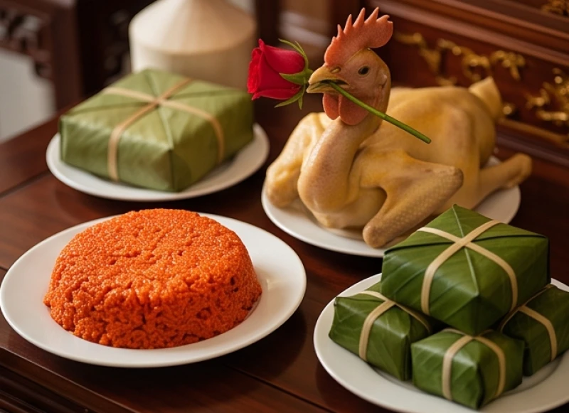 Văn khấn báo cáo gia tiên khi cưới hỏi: Bài cúng & trình tự 3 miền 3 Mâm lễ gia tiên miền Bắc nổi bật với xôi gấc đỏ, gà luộc chéo cánh và bánh phu thê gói lá dong