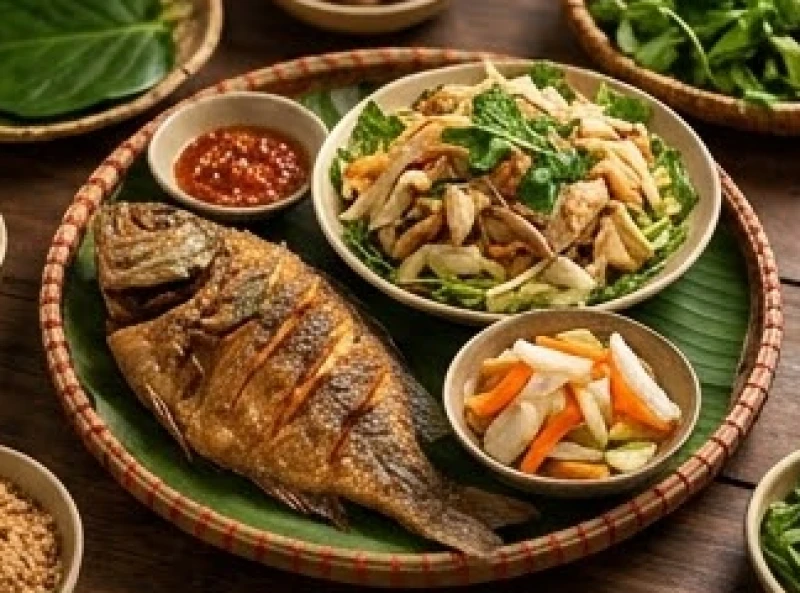 Mâm cỗ cúng gia tiên miền Trung mộc mạc nổi bật với cá chiên giòn và gỏi gà đậm đà