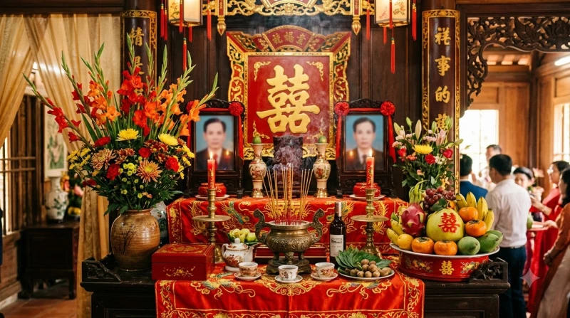 Tuổi Thìn nên cưới vào năm nào: tính tuổi nam nữ và giải hạn 12 Bàn thờ gia tiên ngày cưới được trang hoàng lộng lẫy với hoa tươi và chữ hỷ đỏ vô cùng rực rỡ