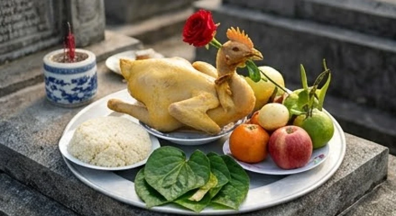 Mâm cúng gia tiên với gà luộc ngậm hoa hồng, xôi trắng và tiền vàng tươm tất