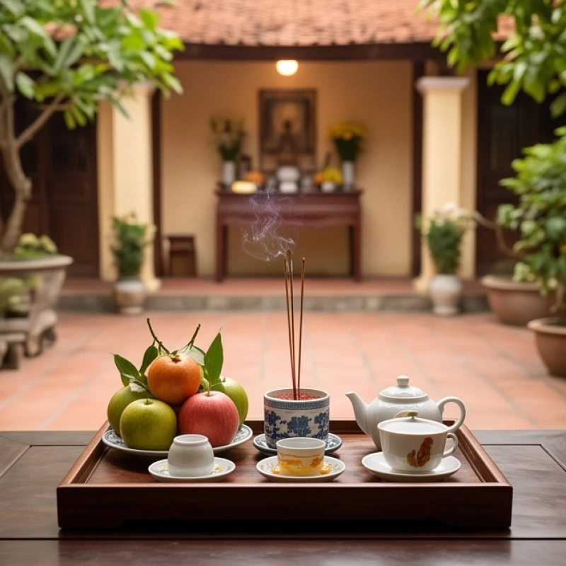 Mâm lễ bái vọng tiệc Chúa Bà được thiết lập trang nghiêm ngay tại ban thờ Thần linh gia đạo