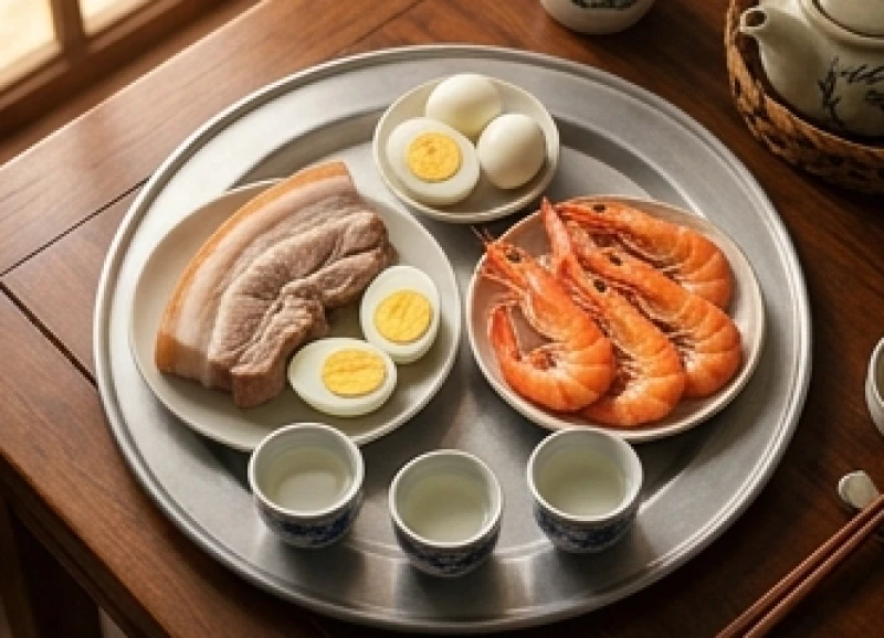 Tuổi Dần tam tai năm nào: bảng tra cứu và nghi thức cúng giải 7 Mâm lễ cúng giải hạn gồm thịt heo luộc, tôm luộc, trứng luộc cùng ba nén hương và ba ly rượu nhỏ bày trí tươm tất