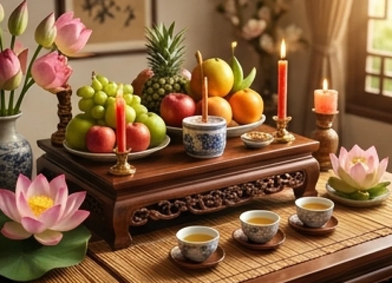 Tử vi tuổi Bính Dần 1986 năm 2027: 12 tháng & cách dâng sao 6 Mâm cúng dâng sao giải hạn với nến thắp sáng, hoa tươi và khay trà quả