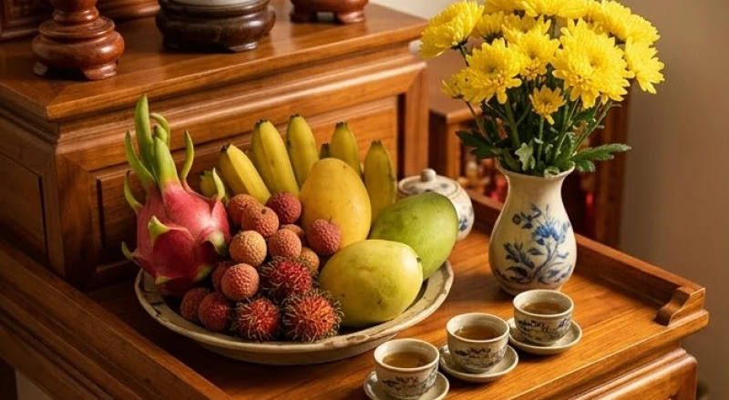 Mâm lễ cúng giản dị với bình hoa cúc vàng cùng trái cây tươi và ba ly trà trong vắt