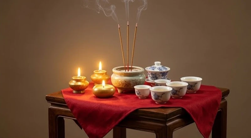 Mâm lễ vật cúng sao giải hạn với nhang đèn, ly rượu và bộ tam sênh được sắp xếp trang nghiêm