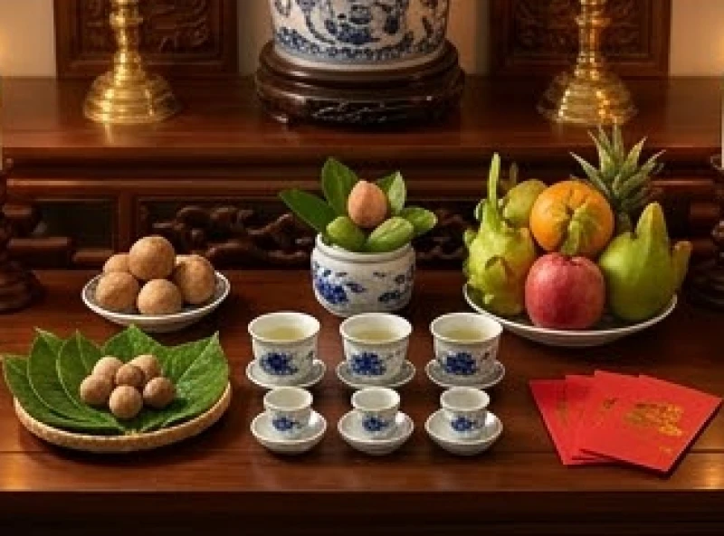 Mâm lễ vật trang nghiêm gồm trầu cau, nhang đèn, trái cây tươi và ly rượu nhỏ được bày biện cẩn thận trên bàn