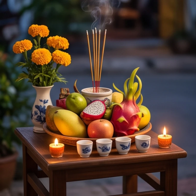 Mâm lễ cúng giản dị được bày trí trang nghiêm với hoa tươi, trái cây, nhang đèn và bộ tam sên