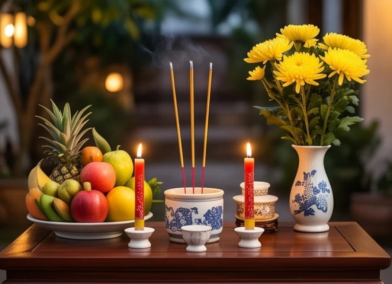 Tuổi Tuất năm 2026 có phạm Thái Tuế không: Phân định từng năm 8 Mâm cúng Thái Tuế tinh quân được bày biện tươm tất với đĩa ngũ quả tươi sáng và hoa cúc vàng rực rỡ
