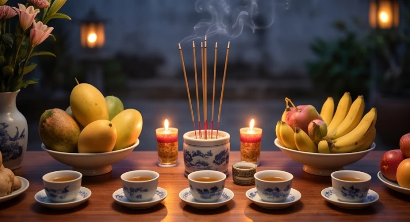 Cách hóa giải vận hạn cho tuổi Thân: cúng lễ và vật phẩm 1 Mâm cúng giải hạn Tam Tai ngoài trời với đầy đủ lễ vật tâm linh truyền thống