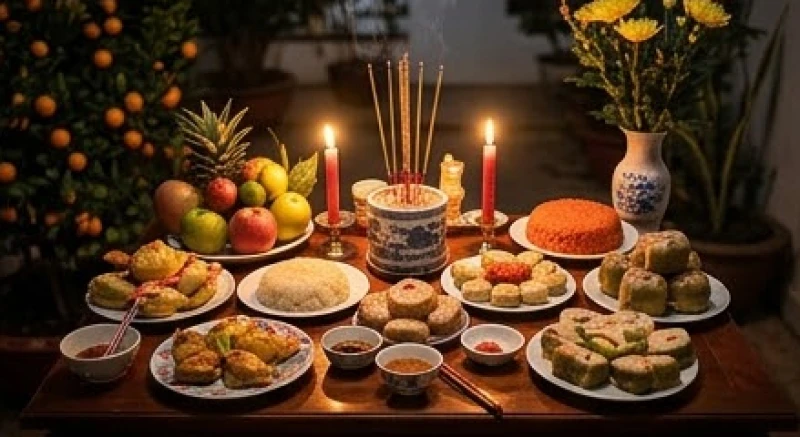 Mâm cúng giao thừa được sắp xếp tươm tất với nến sáng và hương trầm