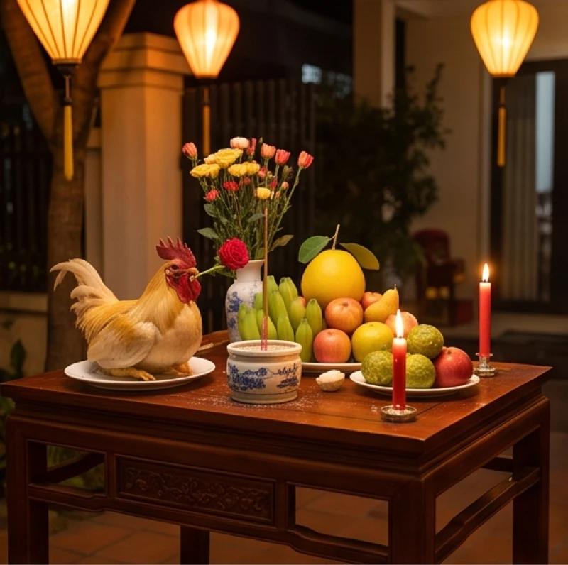 Văn khấn ngoài trời ngày 30 Tết: Bài cúng Trừ Tịch và hướng đặt lễ 1 Mâm lễ mặn và ngũ quả cúng Giao thừa ngoài sân được bày biện trang nghiêm lúc nửa đêm để đón vị thần mới