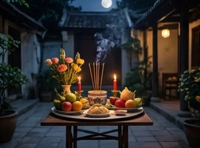 Mâm lễ cúng Giao thừa được đặt trên chiếc bàn nhỏ ngoài sân dưới bầu trời đêm tĩnh lặng
