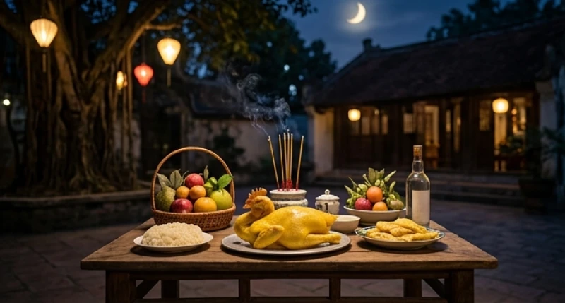 Bàn cúng Giao thừa ngoài sân với hương khói nghi ngút dưới ánh sáng đêm thiêng liêng