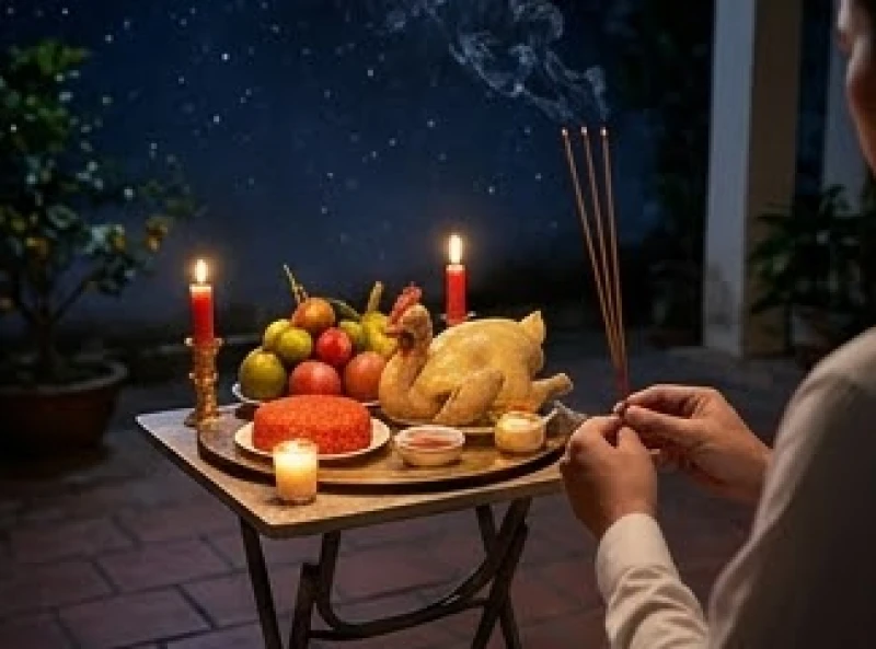 Gia chủ thành tâm thắp hương mâm cúng Giao thừa ngoài trời vào lúc nửa đêm