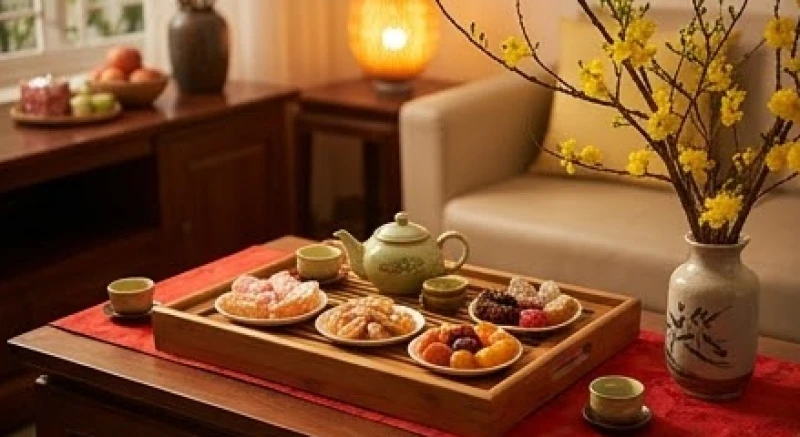 Bàn trà và mâm cúng giao thừa chuẩn bị đón khách xông nhà Tết Đinh Mùi