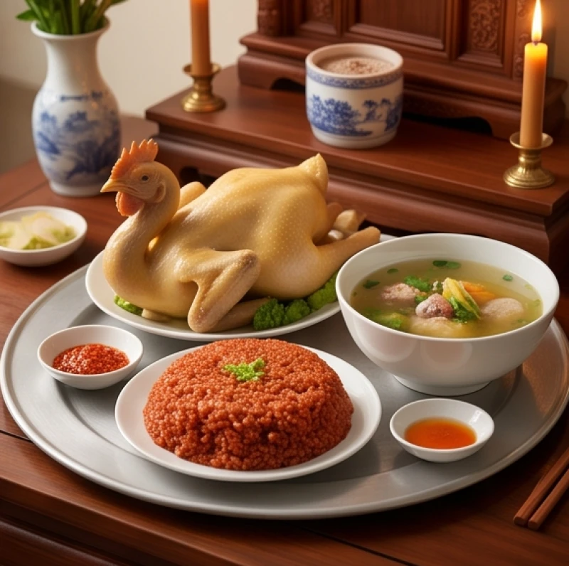 Văn khấn giỗ cha: Mẫu bài cúng chuẩn và trình tự hành lễ 3 Mâm cúng giỗ đầu với xôi gấc đỏ, gà luộc nguyên con và đồ lễ tươm tất