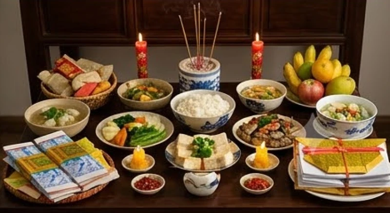 Mâm cúng giỗ Đầu được chuẩn bị tươm tất với hương nến nghi ngút