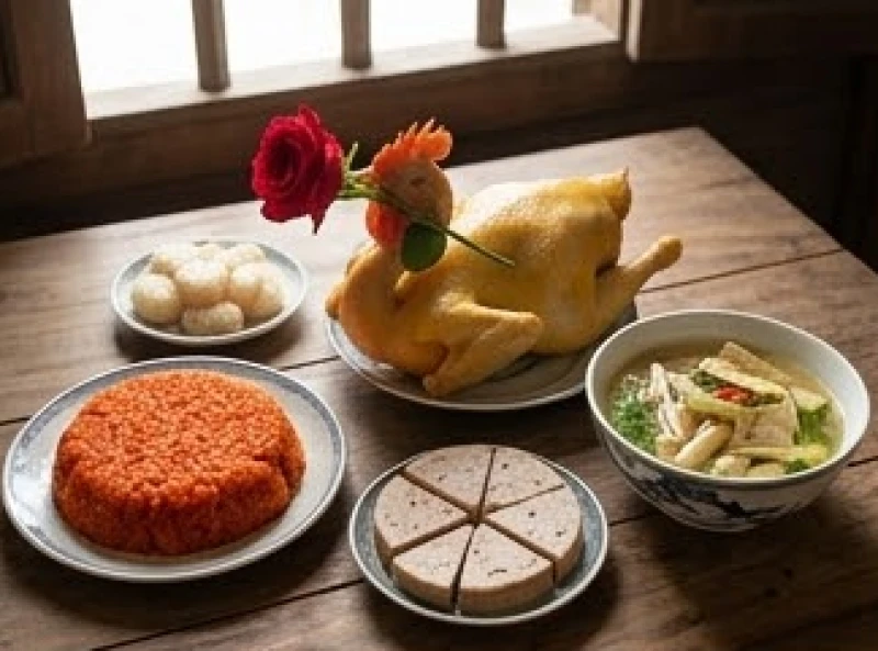 Mâm cỗ mặn cúng giỗ chồng với gà luộc nguyên con, xôi gấc, giò lụa và các món ăn truyền thống