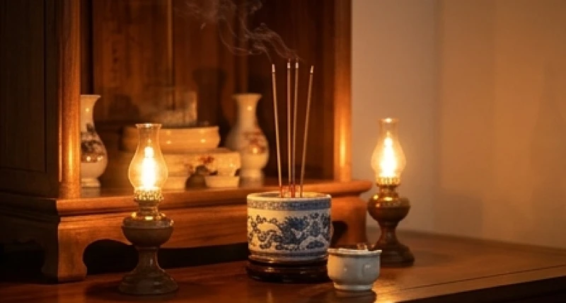 Không gian ban thờ gia tiên thanh tịnh với ánh nến và khói hương trong ngày lễ giỗ thường Cát Kỵ