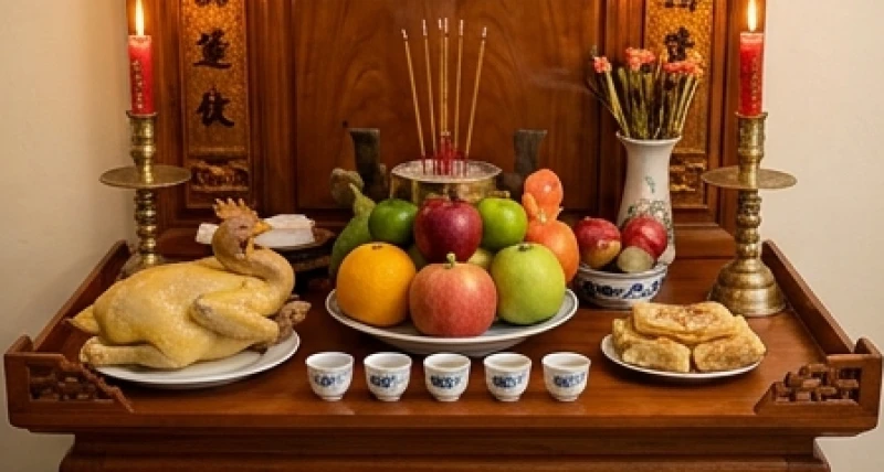 Mâm cúng giỗ tươm tất với gà luộc ngũ quả và vàng mã được bày trí trang trọng trên bàn thờ