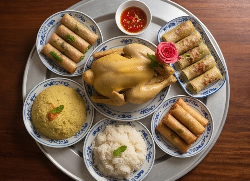 Mâm cúng giỗ mặn truyền thống đầy đủ các món như gà luộc ngậm hoa hồng, xôi đậu xanh và nem rán