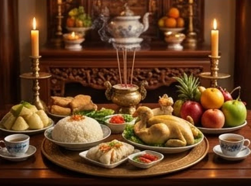 Mâm cỗ cúng giỗ truyền thống tươm tất với đầy đủ hương hoa trà quả dâng lên bề trên