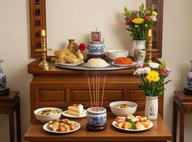 Bàn thờ gia tiên được sắp xếp chỉn chu với hai mâm cúng riêng biệt dành cho ngày giỗ vợ
