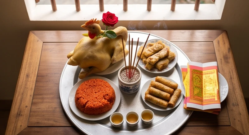 Mâm cúng hóa vàng mặn đầy đủ với gà luộc xôi gấc cùng rượu nước trà và tiền vàng mã