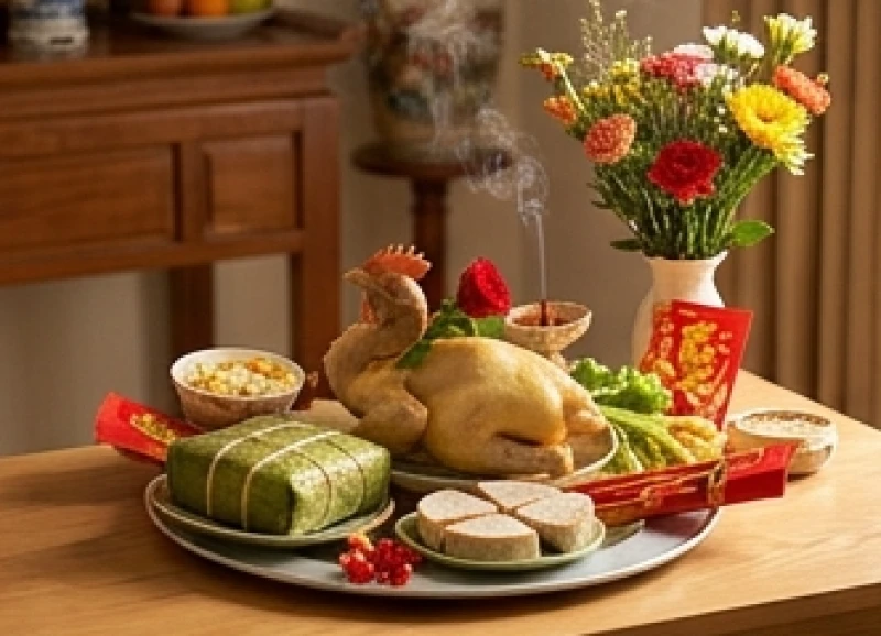 Mâm cúng hóa vàng mùng 3 Tết được bày biện trang nghiêm với đầy đủ các món ăn truyền thống và hương hoa