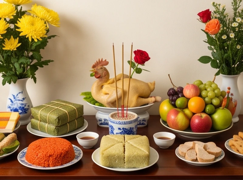 Mâm cúng hóa vàng mùng 3 Tết được bày biện tươm tất với gà luộc, bánh chưng, trái cây và xôi gấc rực rỡ