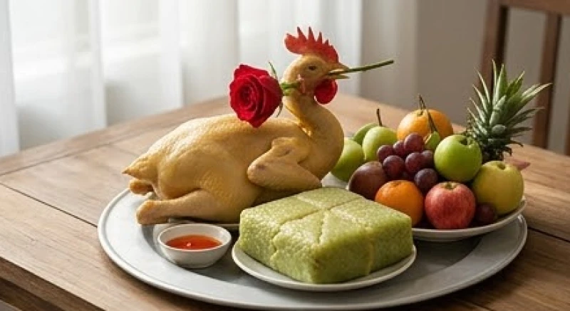 Mâm cỗ mặn truyền thống cúng khai hạ với gà luộc ngậm hoa hồng và bánh chưng xanh