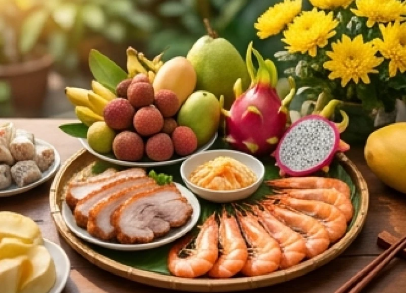 Mâm cúng khai trương tươm tất với bộ tam sên ngũ quả và bình hoa cúc kim cương vàng rực rỡ