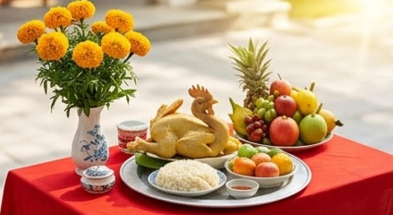Mâm cúng khai trương cửa hàng tươm tất với hoa tươi, trái cây và lễ vật truyền thống